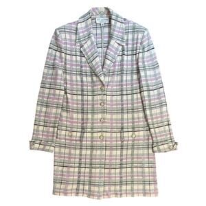 VTG St. John Collection Jacket Santana Knit Long Plaid Single Button Tan Size 14